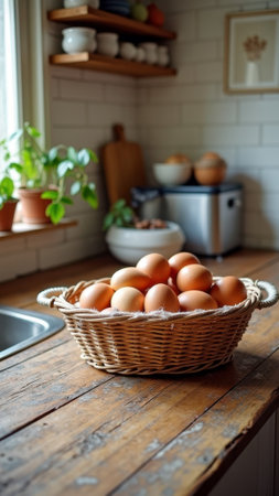 Basket of fresh brown eggs on rustic kitchen counter with sunlight and plants. That the image is generated using AI.の素材