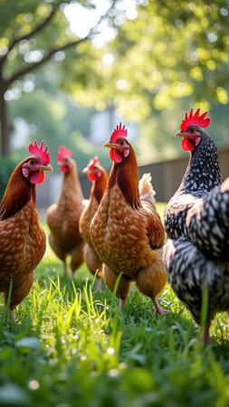 Vibrant chickens roaming freely in a sunlit green pasture. That the image is generated using AI.の素材