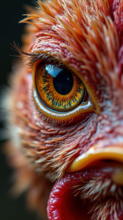 Close-up of a chicken's eye with detailed feathers and vibrant colors. That the image is generated using AI.の素材