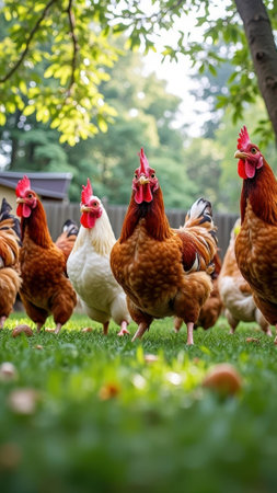 Flock of chickens roaming freely in a sunny backyard garden. That the image is generated using AI.の素材