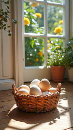 Sunlit basket of fresh eggs on wooden floor by garden window. That the image is generated using AI.の素材