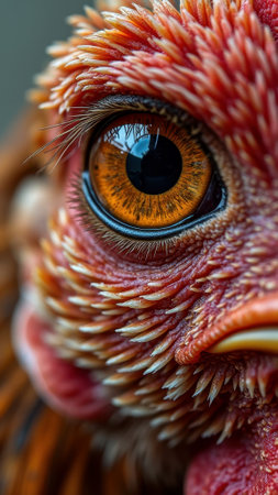 Close-up of rooster's eye with detailed feathers and bright colors. That the image is generated using AI.の素材