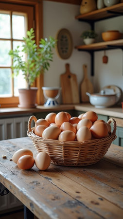 Basket of fresh brown eggs on rustic kitchen table. That the image is generated using AI.の素材