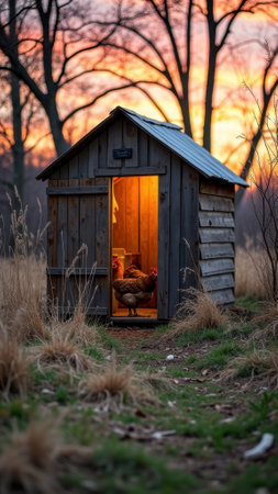 Cozy wooden chicken coop at sunset in tranquil countryside setting. That the image is generated using AI.の素材