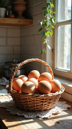 Sunlit kitchen basket with fresh eggs and natural decor by window. That the image is generated using AI.の素材