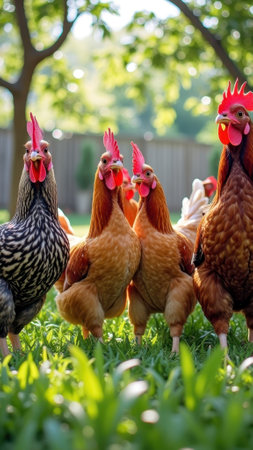 Vibrant chickens roaming freely in sunlit garden with lush greenery. That the image is generated using AI.の素材