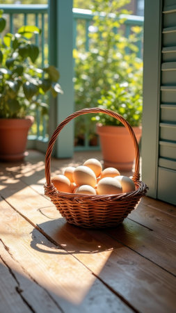 Eggs in wicker basket on sunlit balcony with potted plants. That the image is generated using AI.の素材