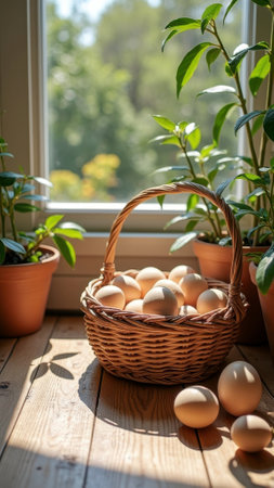Fresh eggs in woven basket amidst sunlit indoor garden setting by window. That the image is generated using AI.の素材