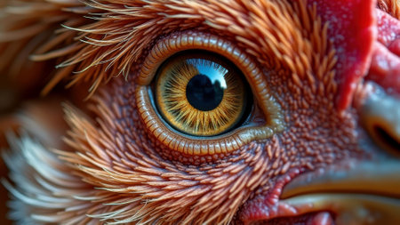 Close-up of a chicken's eye with detailed feathers and vivid colors. That the image is generated using AI.の素材