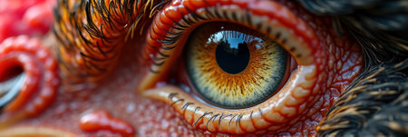 Close-up of intense dragon eye with fiery details and reflective surface. That the image is generated using AI.の素材