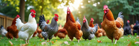 Colorful chickens roaming green pasture with sunlit background in farmyard. That the image is generated using AI.の素材