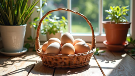 Basket of fresh eggs on sunlit wooden table by window with potted plants. That the image is generated using AI.の素材