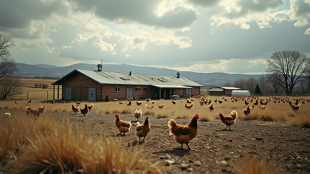 Rural farm landscape with free-range chickens under cloudy sky. That the image is generated using AI.の素材