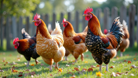 Colorful chickens roaming in a sunlit pasture with autumn leaves. That the image is generated using AI.の素材