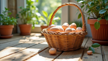 Basket of fresh eggs in sunlit room with potted green plants. That the image is generated using AI.の素材