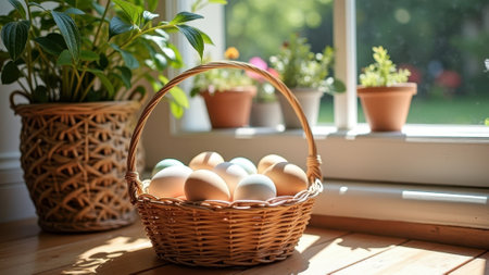 Basket of colorful eggs by sunlit window with potted plants. That the image is generated using AI.の素材