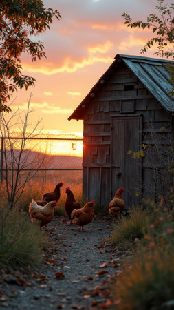 Chickens roaming near wooden coop at sunset in rural setting. That the image is generated using AI.の素材