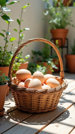 Basket of fresh eggs on sunlit balcony with potted plants. That the image is generated using AI.の素材