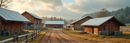 Rustic farm buildings on tranquil countryside landscape with dirt road. That the image is generated using AI.の素材