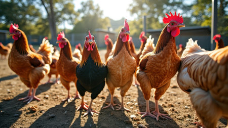 Bright morning in the chicken coop: brown hens roaming in sunlit farmyard. That the image is generated using AI.の素材