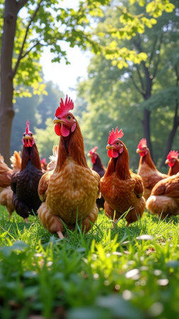 Flock of chickens roaming in lush green park on a sunny day. That the image is generated using AI.の素材