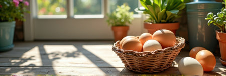 Fresh eggs in wicker basket with sunlit garden background and potted plants. That the image is generated using AI.の素材