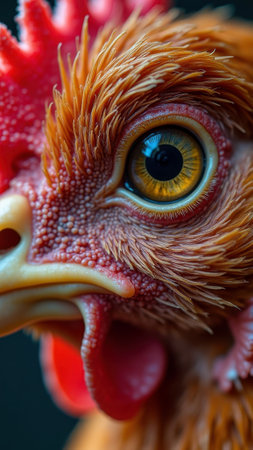 Close-up of a rooster's face with details of eye and feathers. That the image is generated using AI.の素材