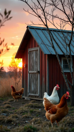 Rural sunset with chickens by wooden coop in countryside setting. That the image is generated using AI.の素材