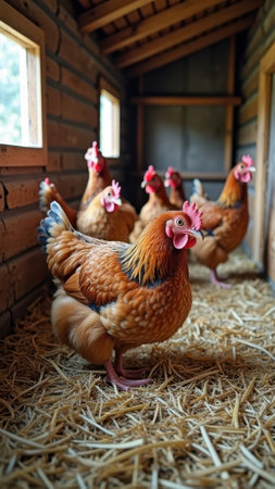 Group of hens in rustic coop with straw littering the floor. That the image is generated using AI.の素材