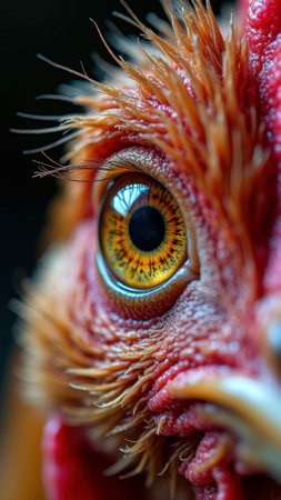 Extreme close-up of chicken eye with detailed feathers and vibrant colors. That the image is generated using AI.の素材