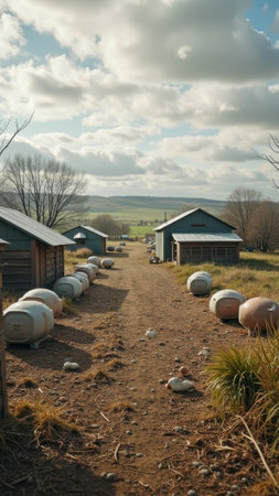 Rural farm pathway: propane tanks, barns, scenic landscape, cloudy skies, natural serenity. That the image is generated using AI.の素材