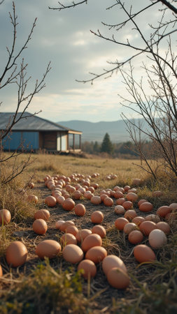 Scattered eggs on rural pathway leading to barn under cloudy sky. That the image is generated using AI.の素材