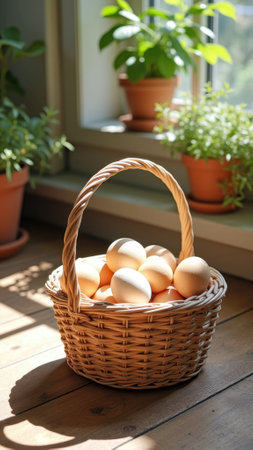 Basket of fresh eggs in sunlit kitchen with potted plants by window. That the image is generated using AI.の素材