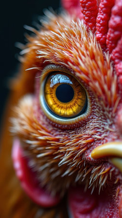 Close-up of a rooster's eye with vibrant orange and red feathers. That the image is generated using AI.の素材