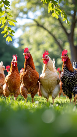 Group of chickens outdoors in sunlit green pasture. That the image is generated using AI.の素材