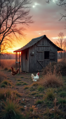 Rustic sunset scene: wooden shed and chickens in tranquil countryside setting. That the image is generated using AI.の素材