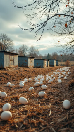 Eggs scattered on farm path in rural setting amidst autumn trees. That the image is generated using AI.の素材