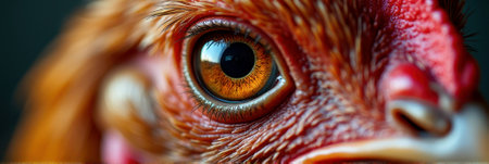 Close-up of chicken eye with vibrant feathers and detailed texture. That the image is generated using AI.の素材