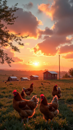 Chickens grazing at sunrise on a serene farm landscape with vibrant sky and rustic cabins. That the image is generated using AI.の素材