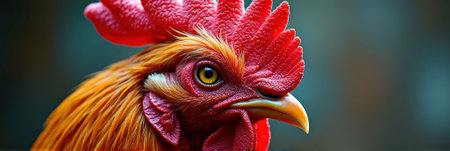 Close-up of vibrant rooster with striking red comb and alert eye. That the image is generated using AI.の素材