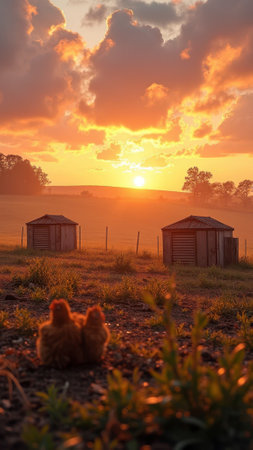 Serene sunset over farm landscape with silhouetted chickens and sheds. That the image is generated using AI.の素材