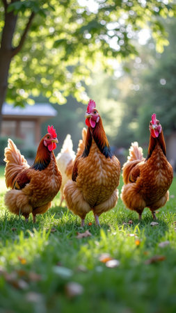 Vibrant hens roaming in sunlit countryside garden. That the image is generated using AI.の素材