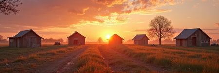 Sunset over rural landscape with farmhouses and vibrant sky. That the image is generated using AI.の素材