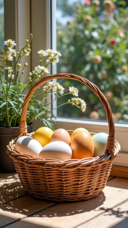 Colorful easter eggs in a woven basket by a sunny window. That the image is generated using AI.の素材