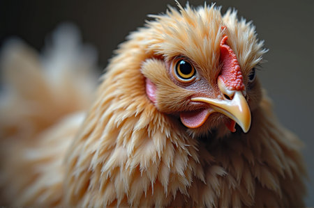 Close-up portrait of a fluffy hen with detailed feathers and intense eyes. That the image is generated using AI.の素材