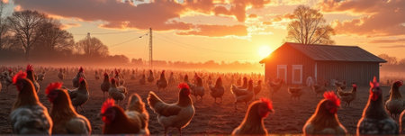 Scenic sunrise over farm with chickens and barn in tranquil countryside landscape. That the image is generated using AI.の素材