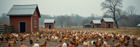 Pastoral farm scene with numerous free-range chickens on a foggy day in countryside. That the image is generated using AI.の素材