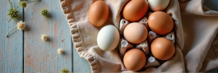 Assorted farm fresh eggs in carton on rustic wooden table. That the image is generated using AI.の素材