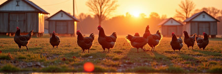 Chickens roaming farm at sunrise with silhouette barns in background. That the image is generated using AI.の素材