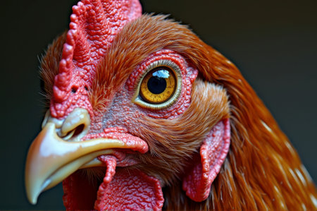 Close-up portrait of a vibrant brown chicken with intense amber eyes. That the image is generated using AI.の素材